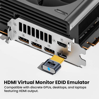 TECPHILE HDMI Dummy Plug connected to GPU HDMI port, acting as a virtual monitor EDID emulator for desktops and discrete graphics cards.
