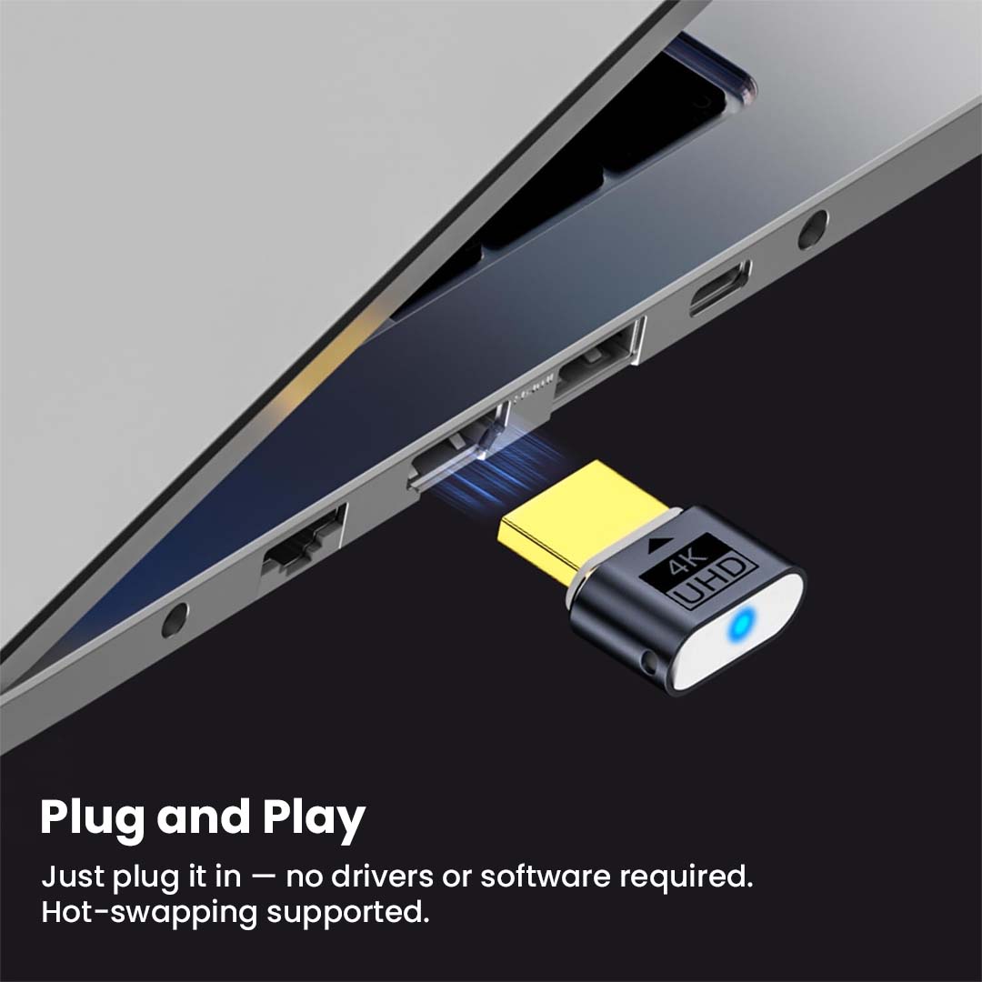 TECPHILE 4K HDMI Dummy Plug inserted into a laptop HDMI port, showcasing plug-and-play functionality with hot-swapping support.