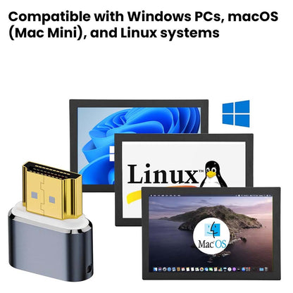TECPHILE 4K HDMI Dummy Plug compatible with Windows, macOS, and Linux systems for seamless remote desktop and mining configurations.