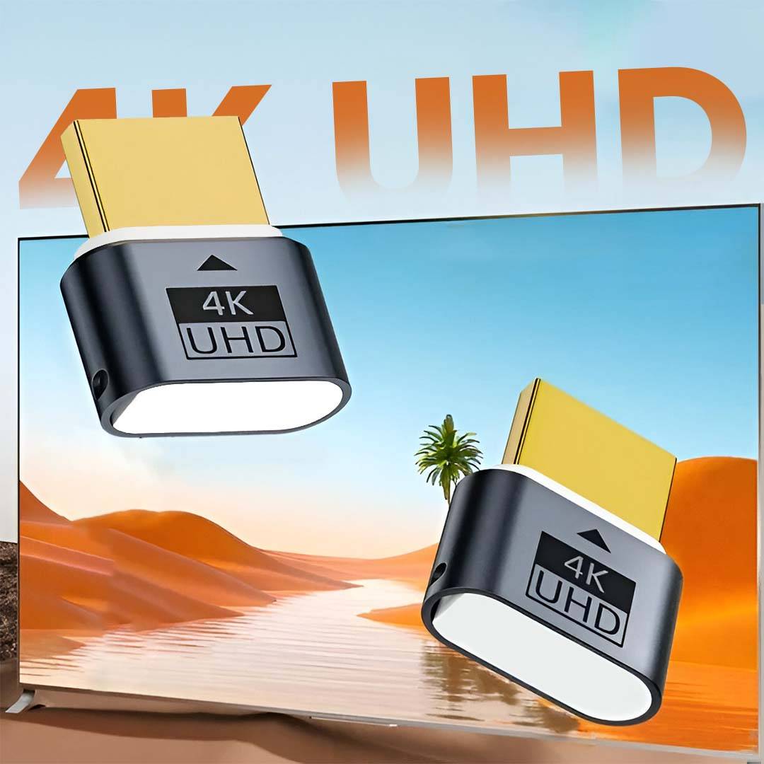 Dual TECPHILE 4K HDMI Dummy Plugs displayed in front of a 4K UHD screen, ideal for virtual display emulation and headless GPU setups.