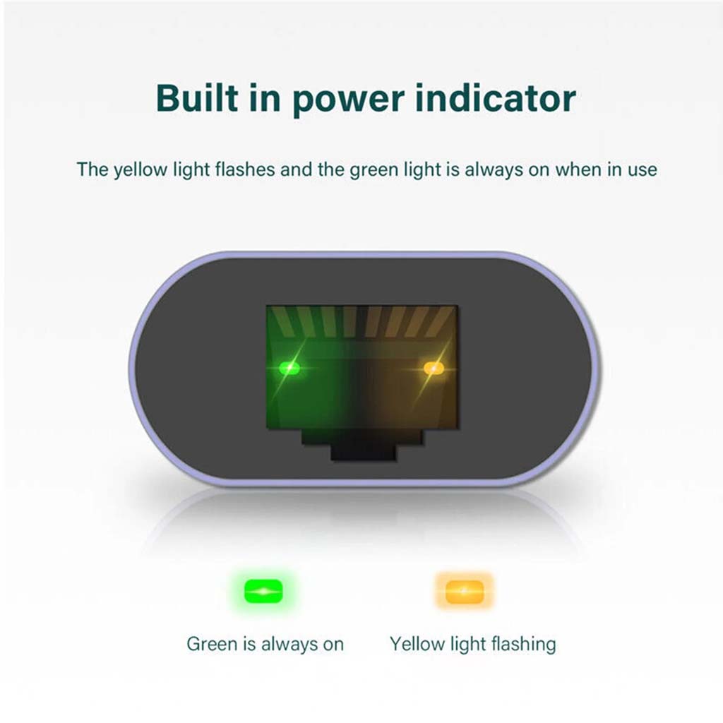 Close-up of TECPHILE Ethernet Adapter's RJ45 port with built-in green and yellow LED indicators for power and data activity status.