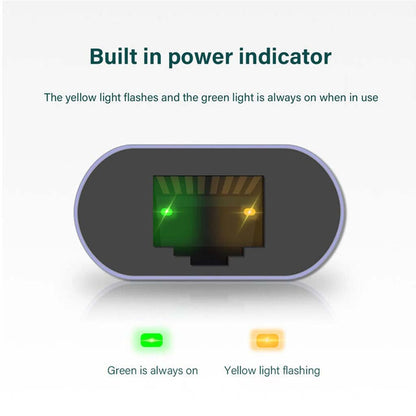 Close-up of TECPHILE Ethernet Adapter's RJ45 port with built-in green and yellow LED indicators for power and data activity status.