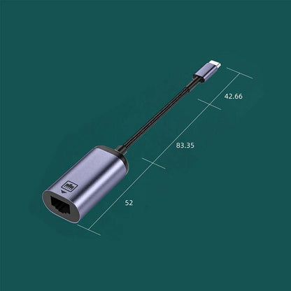 TECPHILE Type-C to Ethernet Adapter with detailed dimensions: 83.35mm cable length, 52mm body, and 42.66mm connector, ideal for compact setups.