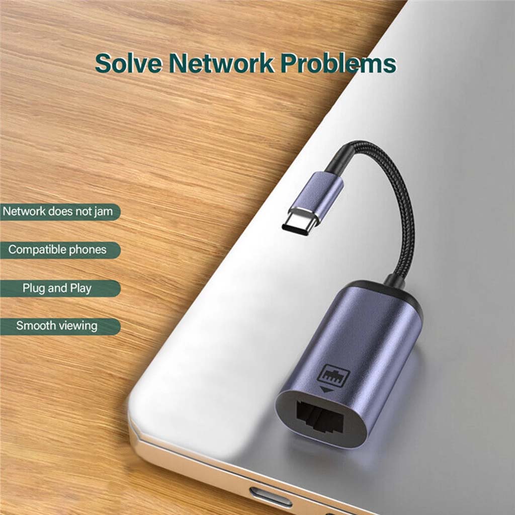 TECPHILE Type-C to Ethernet Adapter shown connected to a laptop, highlighting plug-and-play setup and compatibility with phones for smooth network performance.