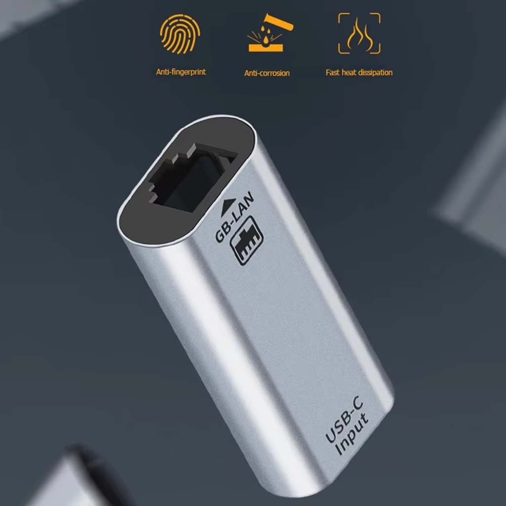 Durable TECPHILE Type-C to Ethernet Adapter featuring anti-fingerprint, anti-corrosion, and fast heat dissipation design.
