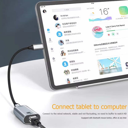 Tablet connected to wired internet using TECPHILE Type-C to Ethernet Adapter for stable HD streaming and seamless online access.