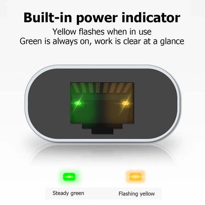 Close-up of TECPHILE Adapter’s Ethernet port showing built-in power indicator with green and yellow LED status lights.