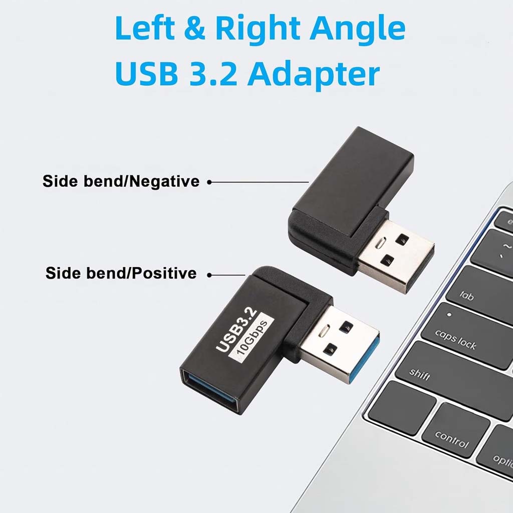 TECPHILE USB 3.2 OTG Adapter with left and right angle design for flexible laptop connectivity and efficient cable management.