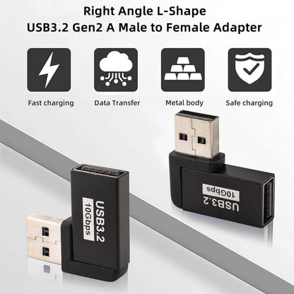 Right angle TECPHILE USB 3.2 Gen 2 adapter with fast charging, metal body, and safe data transfer for laptops and USB devices.