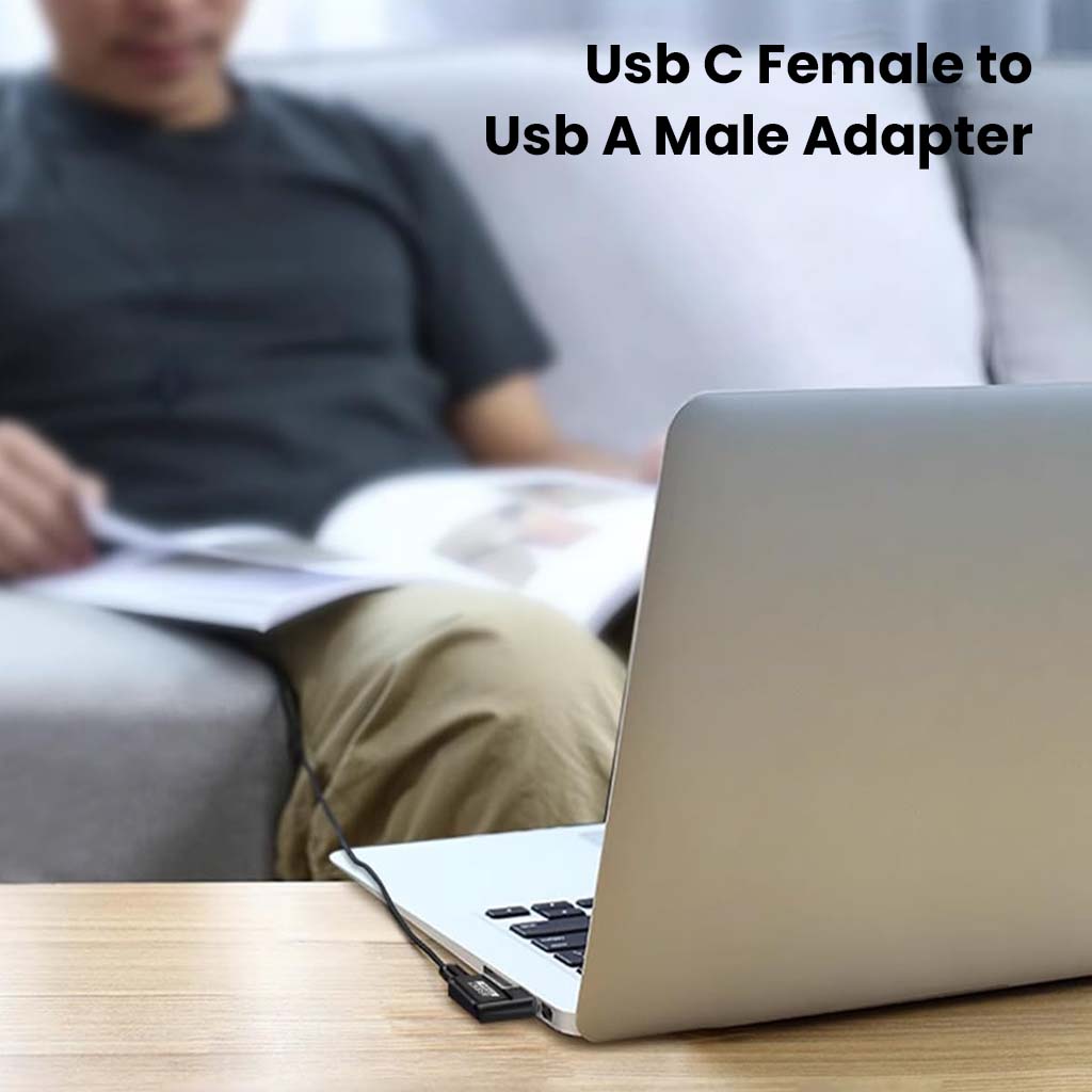 TECPHILE USB OTG Adapter connects USB-C female to USB-A male on laptops, ideal for fast charging and data transfer at 10Gbps.