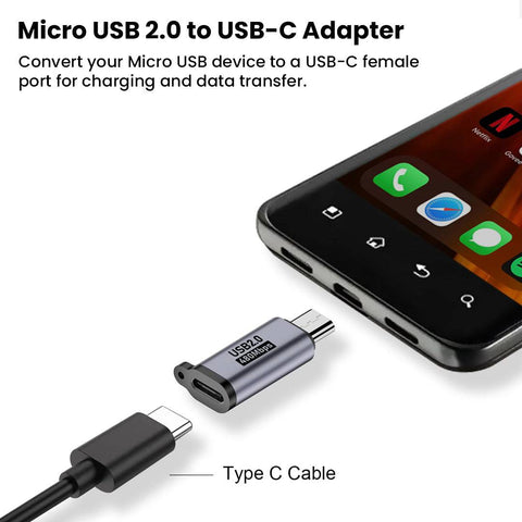 TECPHILE USB-C OTG Adapter connected to smartphone, enabling USB-C cable charging and data transfer via Micro USB 2.0 port.