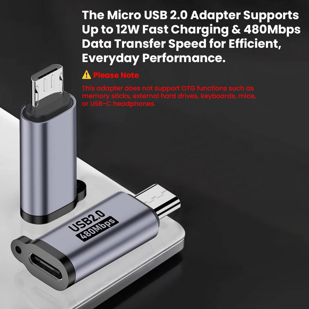 TECPHILE USB-C OTG Adapter offers 480Mbps speed and 12W charging; not compatible with OTG devices like keyboards or USB-C headphones.