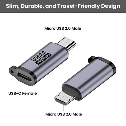 TECPHILE USB-C OTG Adapter features Micro USB 2.0 male to USB-C female design, compact and durable for travel use.