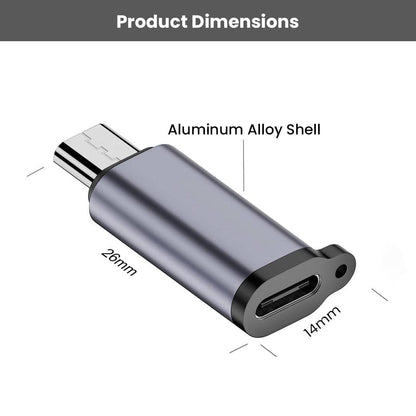 TECPHILE USB-C OTG Adapter with aluminum alloy shell, measuring 26mm by 14mm, ideal for compact and durable connectivity solutions.