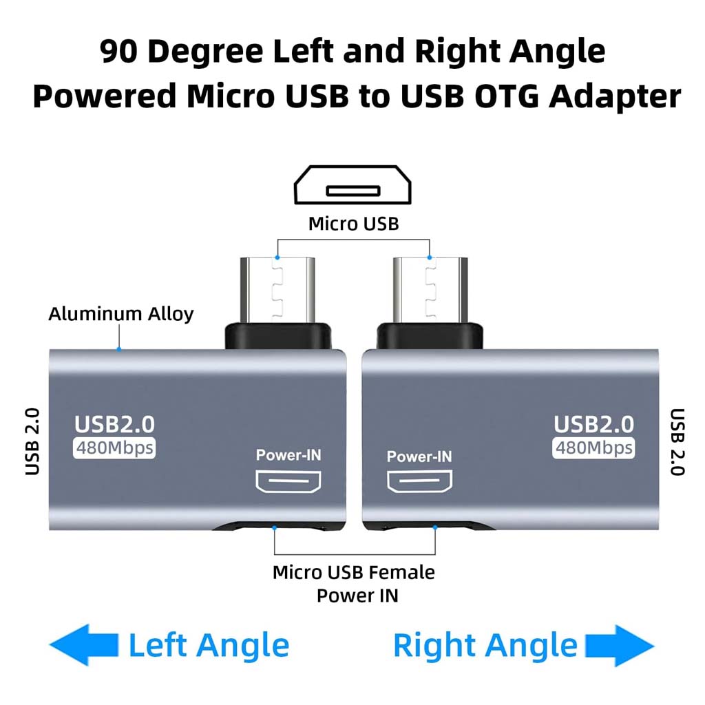 TECPHILE USB 2.0 OTG Adapter with 90-degree left and right angle micro USB connectors, ideal for tight spaces and flexible device positioning.
