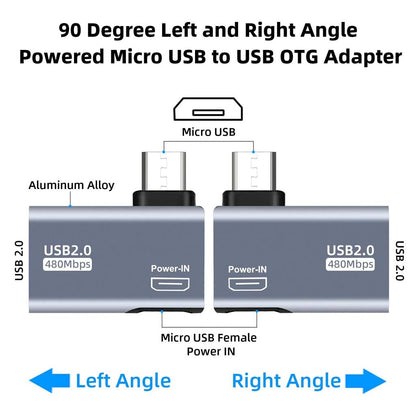 TECPHILE USB 2.0 OTG Adapter with 90-degree left and right angle micro USB connectors, ideal for tight spaces and flexible device positioning.