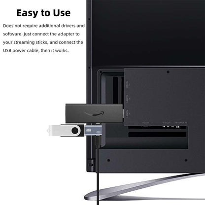 TECPHILE USB 2.0 OTG Adapter connected to Fire TV Stick, demonstrating easy plug-and-play use without drivers or software installation.