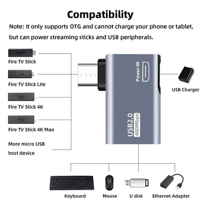 TECPHILE OTG Adapter compatibility chart showing support for Fire TV Stick, USB peripherals like keyboard, mouse, and Ethernet adapter.