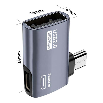 TECPHILE USB 2.0 OTG Adapter with dimensions 24mm x 16mm x 8mm, compact design for portable use with micro USB-enabled devices.