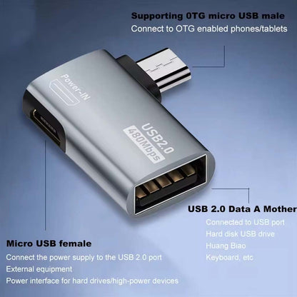 TECPHILE USB A 2.0 to Micro USB OTG Adapter with labeled ports for power input and USB data, supporting external devices like hard drives.
