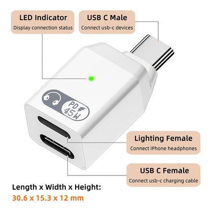 TECPHILE- 2-in-1 Type-C to Lightning Headphone Adapter with 45W Fast Charging