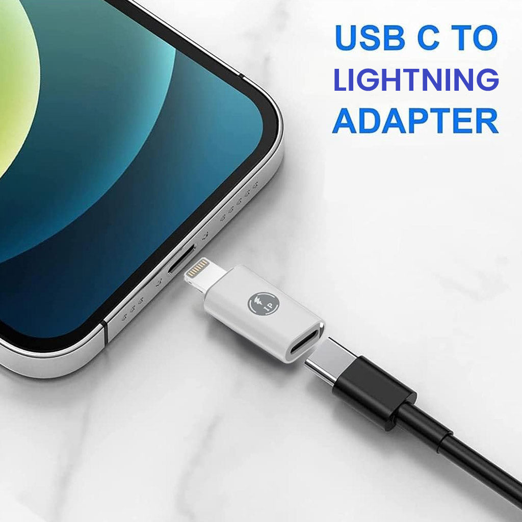 TECPHILE Type-C to Lightning Adapter connected to iPhone for fast charging. USB-C to Lightning converter for Apple device compatibility.