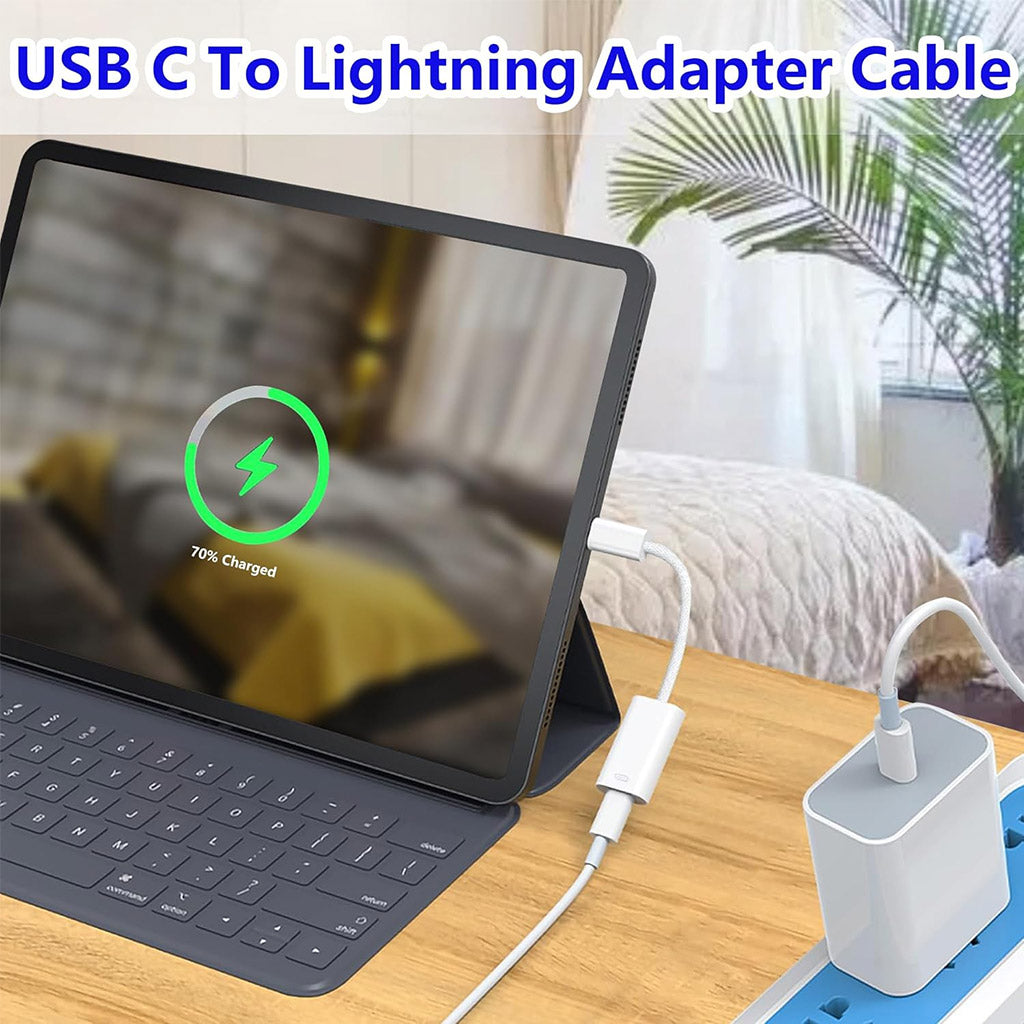 TECPHILE USB-C to Lightning Adapter Cable in use with iPad, enabling fast charging and data transfer through a compact, durable design.