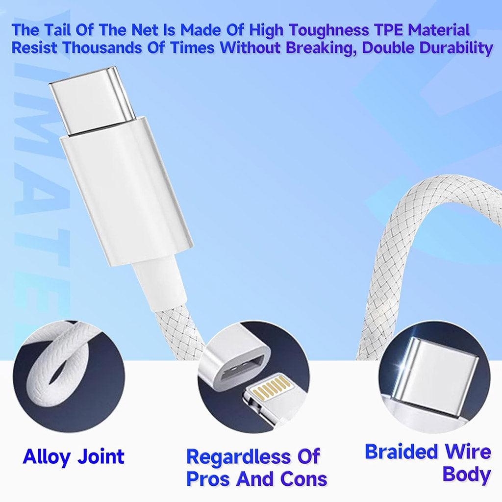 Close-up of TECPHILE Lightning Adapter Cable highlighting alloy joint, braided wire, and TPE material for enhanced durability and performance.