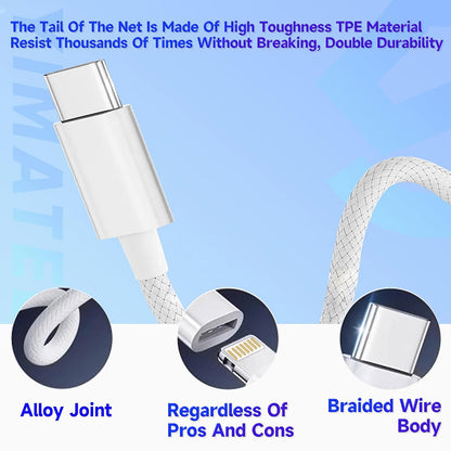 Close-up of TECPHILE Lightning Adapter Cable highlighting alloy joint, braided wire, and TPE material for enhanced durability and performance.
