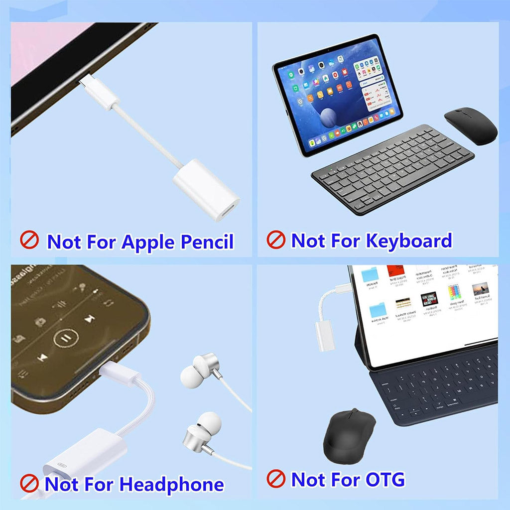 TECPHILE Type-C to Lightning Adapter not compatible with Apple Pencil, headphones, OTG, or keyboards, ensuring proper usage guidance.