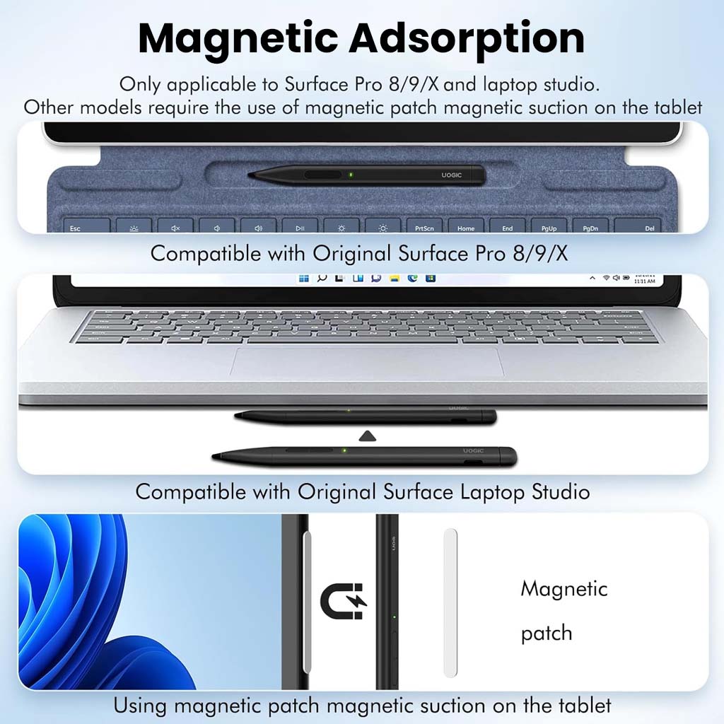 Magnetic adsorption feature of TECPHILE Uogic X1 Pro Stylus Pen for Surface Pro 8/9/X and Surface Laptop Studio with magnetic patch support.