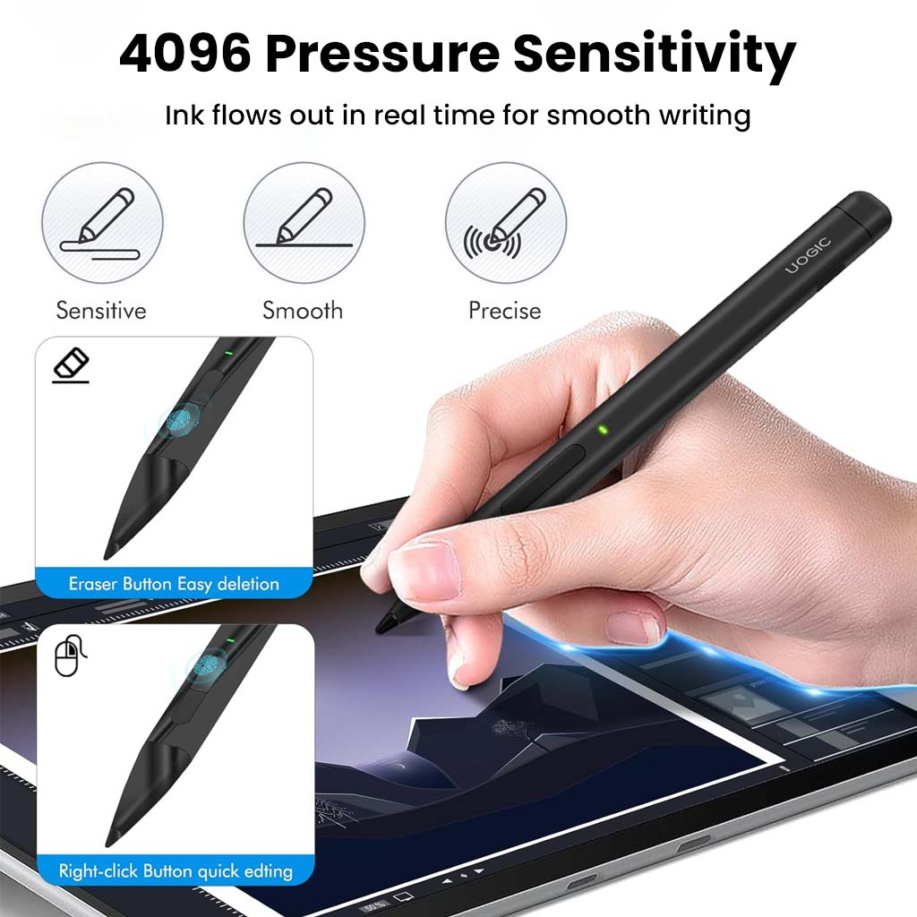 TECPHILE Uogic X1 Pro Stylus Pen with 4096 pressure sensitivity and eraser button for precise drawing and writing on Surface tablets.
