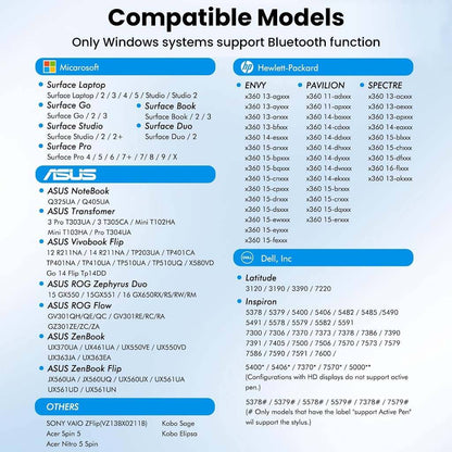 Compatibility chart for TECPHILE Uogic X1 Pro Stylus Pen showing supported Microsoft, HP, ASUS, and Dell Surface devices.