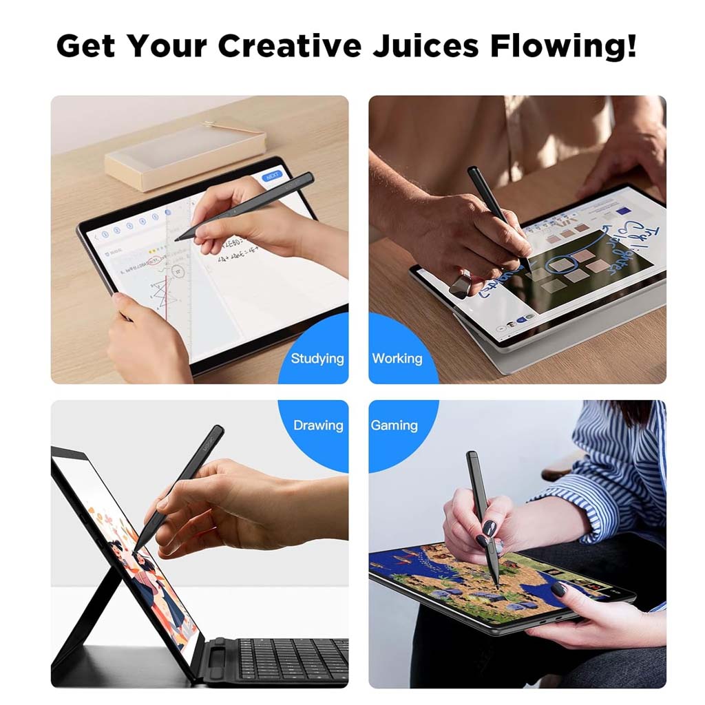 TECPHILE Uogic X1 Pro Stylus Pen used for studying, working, drawing, and gaming on tablets, enhancing creativity and productivity.