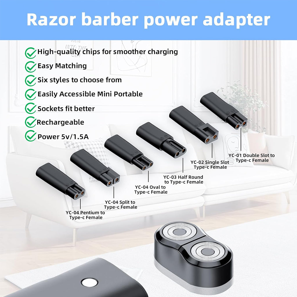 TECPHILE Trimmer Adapter features infographic highlighting six styles, portability, and 5V/1.5A fast charging for electric grooming devices.