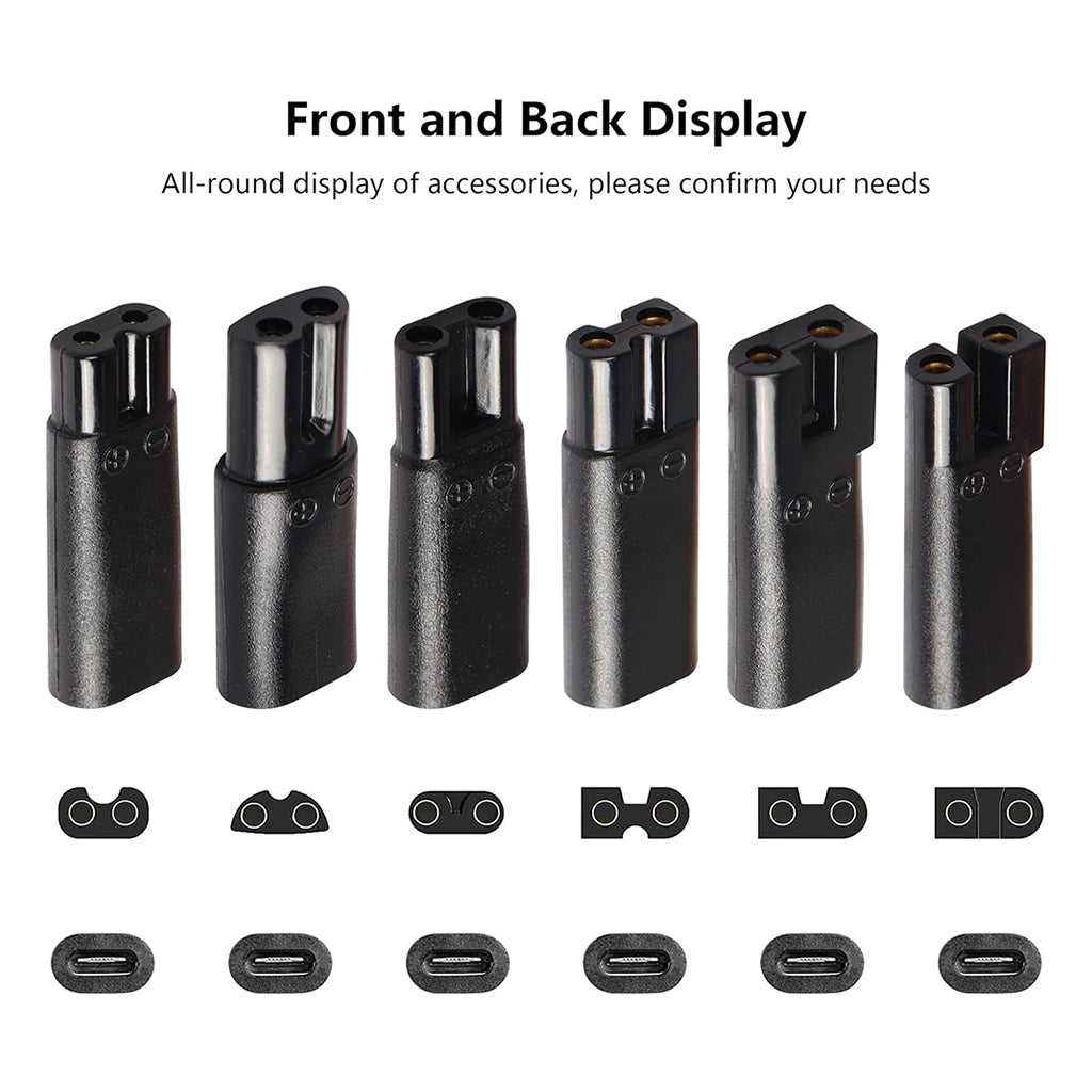 Front and back display of TECPHILE Trimmer Adapter set showing all six connector types with Type-C female ports for accurate selection.