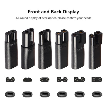 Front and back display of TECPHILE Trimmer Adapter set showing all six connector types with Type-C female ports for accurate selection.