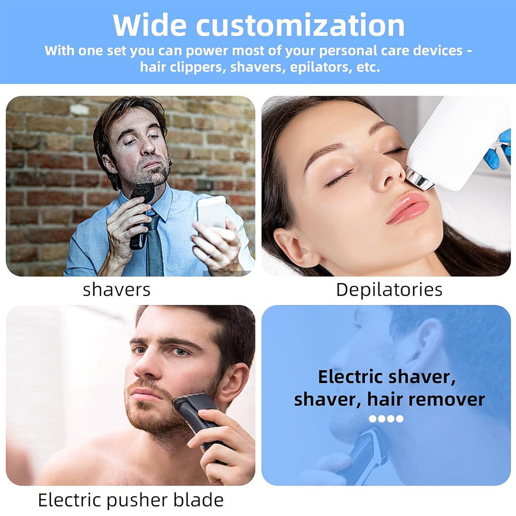 TECPHILE Adapter compatibility chart showing use with shavers, depilatories, and electric pusher blades for wide customization options.