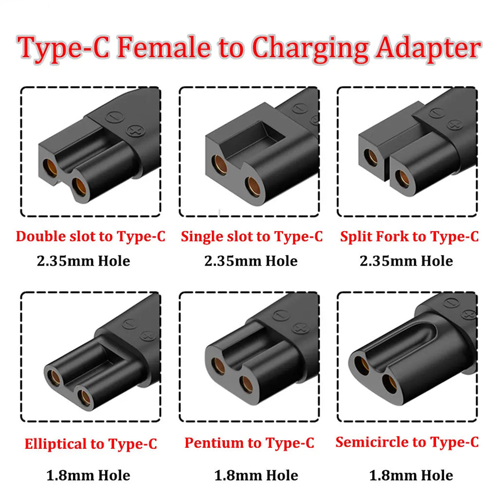 TECPHILE Type-C Female to Charging Adapter styles including double slot, single slot, and elliptical types with hole size specifications.