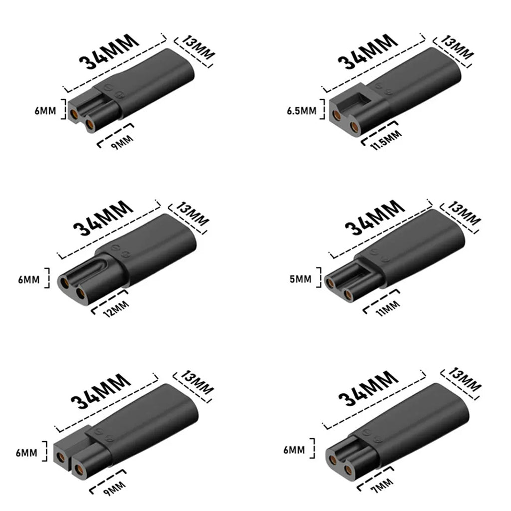 TECPHILE Multi Type-C Trimmer Adapter dimensions chart showing six adapter types with precise measurements for compatibility and fit.