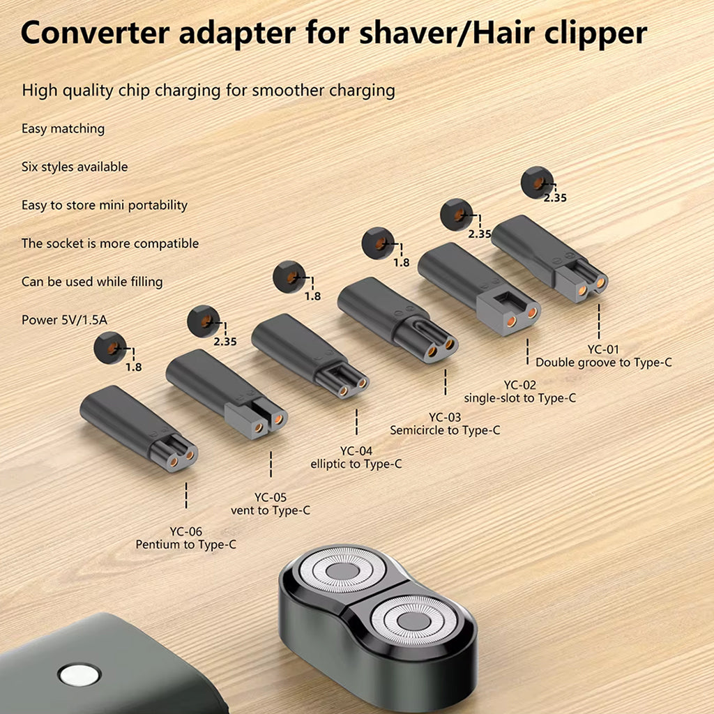 TECPHILE Converter Adapter overview showing six adapter types with chip charging technology for shavers and hair clippers.