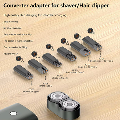 TECPHILE Converter Adapter overview showing six adapter types with chip charging technology for shavers and hair clippers.