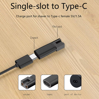 Detailed view of TECPHILE Single Slot to Type-C Adapter with labeled input and output ports for 5V/1.5A charging of grooming devices.