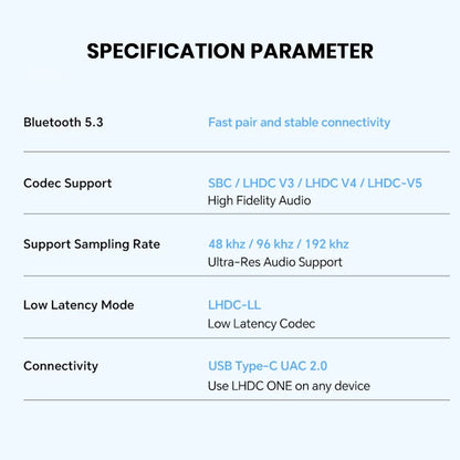 TempoTec LHDC ONE Bluetooth Transmitter specifications showing Bluetooth 5.3, codec support, sampling rates, and USB-C connectivity.