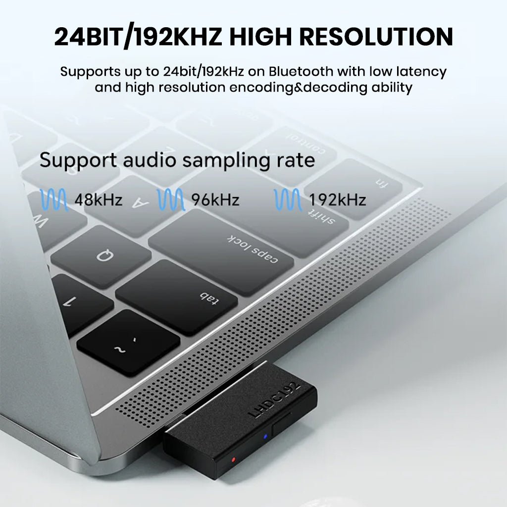 TempoTec LHDC ONE Bluetooth Transmitter supports 24Bit/192kHz high-resolution audio with low latency for premium sound quality.
