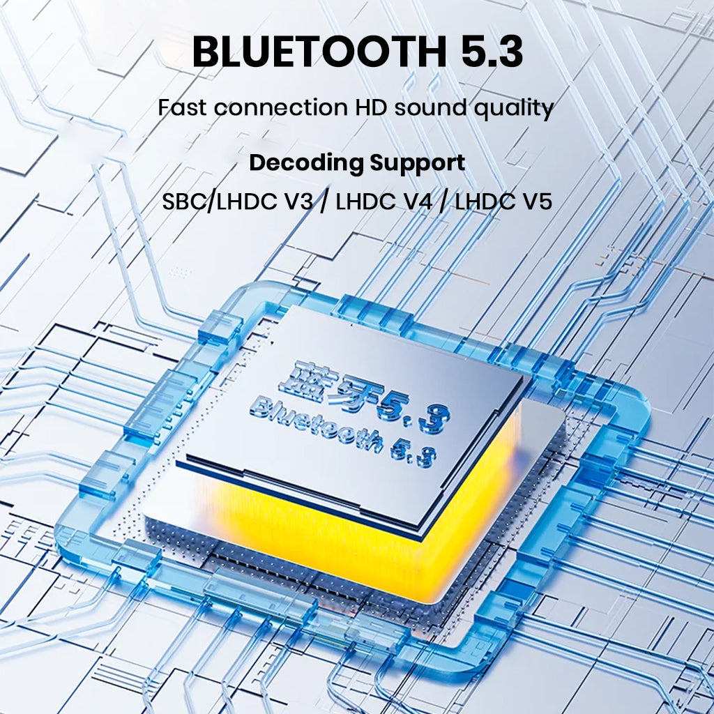 TempoTec LHDC ONE Bluetooth 5.3 chip illustration showing support for SBC, LHDC V3, V4, and V5 codecs for HD sound quality.