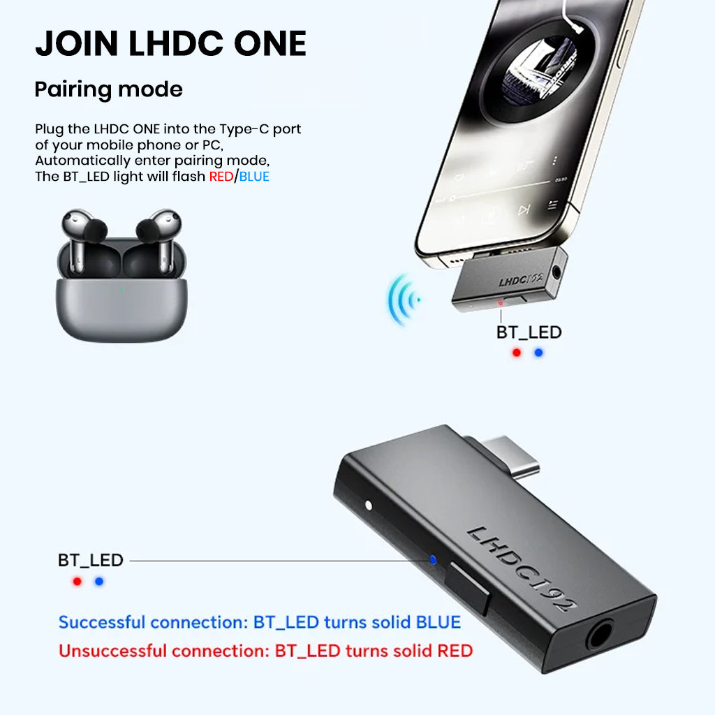 TempoTec LHDC ONE pairing mode guide showing USB-C connection and LED indicators for Bluetooth connectivity status.