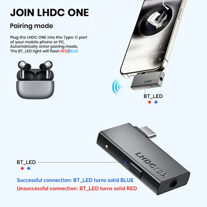 TempoTec LHDC ONE pairing mode guide showing USB-C connection and LED indicators for Bluetooth connectivity status.