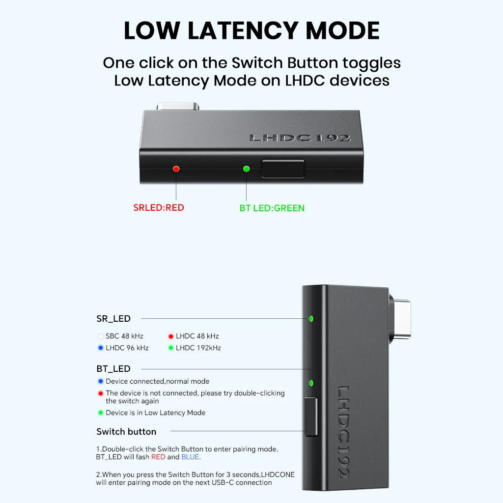 TempoTec LHDC ONE Bluetooth Transmitter low latency mode instructions with LED indicators and codec sampling rate details.