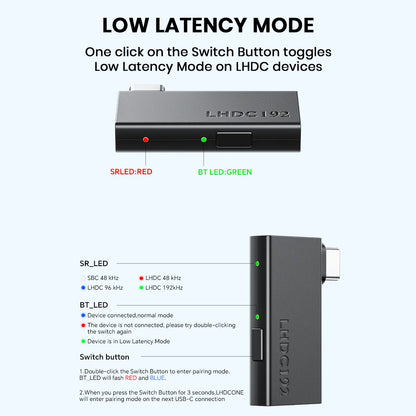 TempoTec LHDC ONE Bluetooth Transmitter low latency mode instructions with LED indicators and codec sampling rate details.